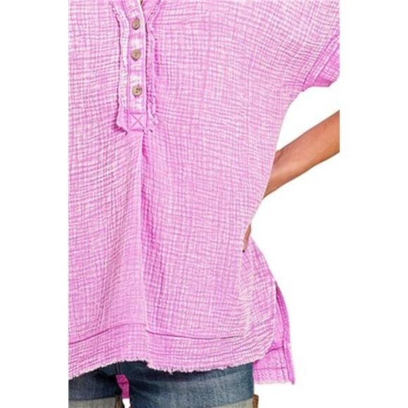 Zenana Washed Double Gauze 3/4 Button Henley Neck Shirt - Picture 3 of 3